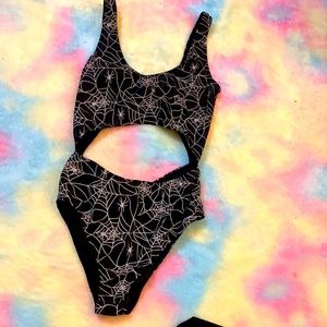 Dolls Kill Spider Web Body Suit Medium UV Reactive